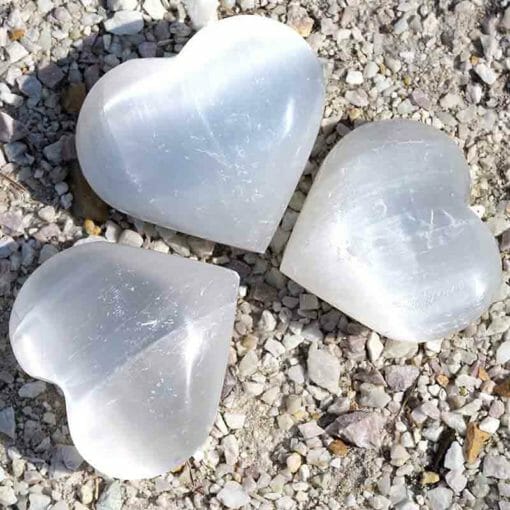 Selenite Heart Palm Stones x 3