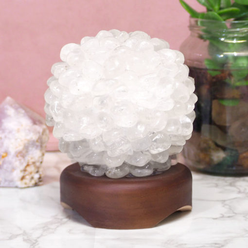 Clear Quartz Ball Lamp with Timber Base - White LED Bulb | Himalayan Salt Factory