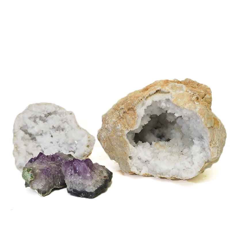 3.95kg Calcite Geode Set with Amethyst DJ422 3 Calcite Geode Set with Amethyst DJ422 | Himalayan Salt Factory