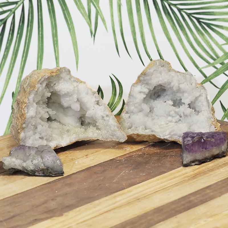 2.25kg Calcite Geode Set with Amethyst DJ450 3 Calcite Geode Set with Amethyst DJ450 | Himalayan Salt Factory