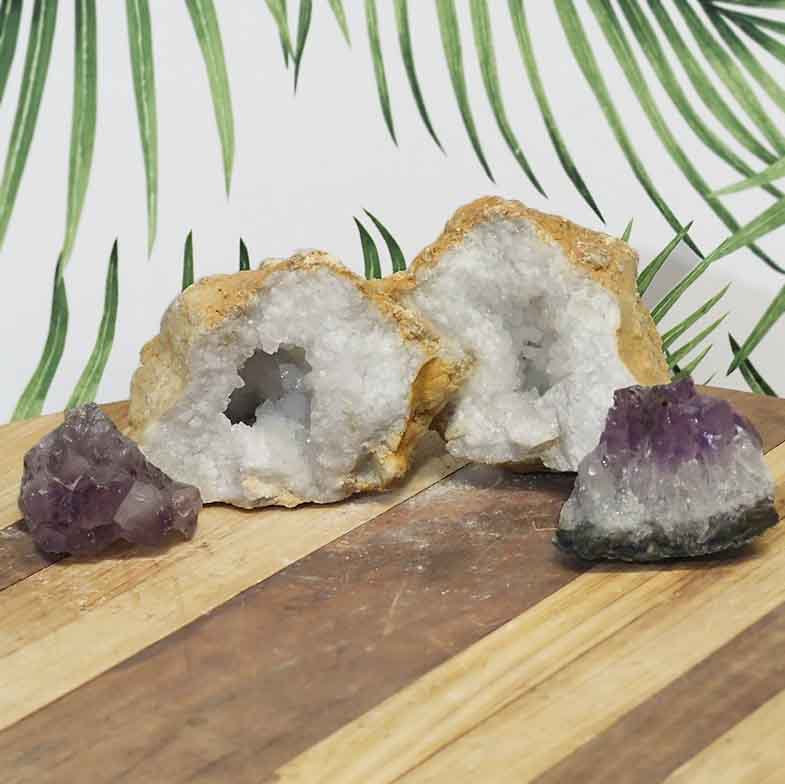 1.5kg Calcite Geode Set with Amethyst DJ453 3 Calcite Geode Set with Amethyst DJ453 | Himalayan Salt Factory