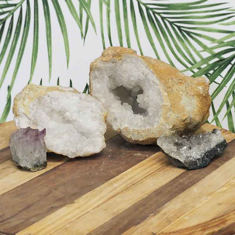 4.4kg Calcite Geode Set with Amethyst DJ454 3 Calcite Geode Set with Amethyst DJ454 | Himalayan Salt Factory