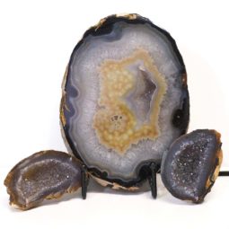 Sliced Brazilian Agate Lamp and Mini Aagte Crystal Geodes Set J204 | Himalayan Salt Factory