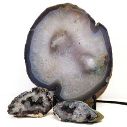 Sliced Brazilian Agate Lamp and Mini Aagte Crystal Geodes Set J205 | Himalayan Salt Factory