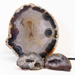 Sliced Brazilian Agate Lamp and Mini Aagte Crystal Geodes Set J206 | Himalayan Salt Factory