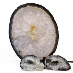 Sliced Brazilian Agate Lamp and Mini Aagte Crystal Geodes Set J210 | Himalayan Salt Factory