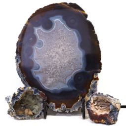 Sliced Brazilian Agate Lamp and Mini Aagte Crystal Geodes Set J211 | Himalayan Salt Factory