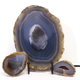 Sliced Brazilian Agate Lamp and Mini Aagte Crystal Geodes Set J216 | Himalayan Salt Factory
