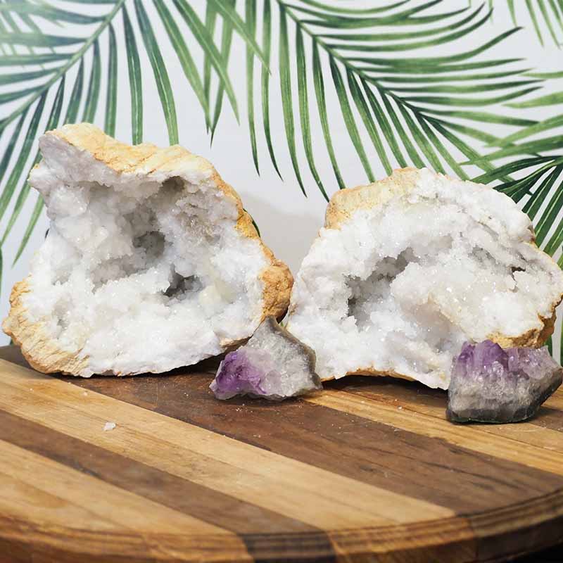6kg Calcite Geode Set with Amethyst J698 3 Calcite Geode Set with Amethyst J698 | Himalayan Salt Factory