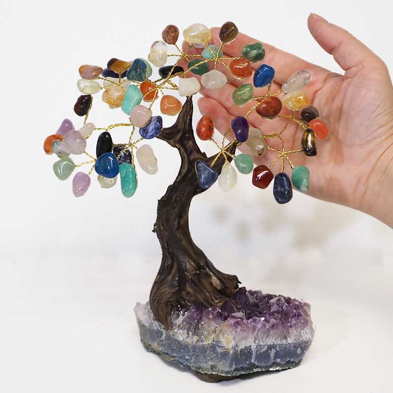 Mixed Gemstone Bonsai Tree on Amethyst Cluster 12 Branches 4 Mixed Gemstone Bonsai Tree on Amethyst Cluster 20cm | Himalayan Salt Factory