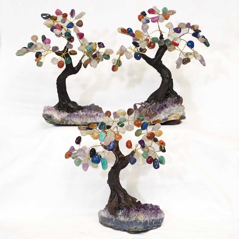 Mixed Gemstone Bonsai Tree on Amethyst Cluster 12 Branches 5 Mixed Gemstone Bonsai Tree on Amethyst Cluster 20cm | Himalayan Salt Factory