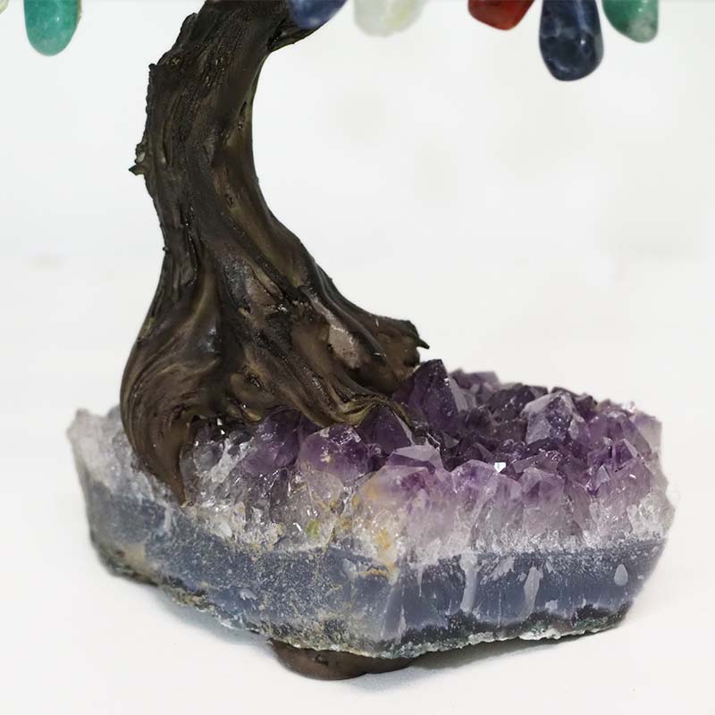 Mixed Gemstone Bonsai Tree on Amethyst Cluster 12 Branches 7 Mixed Gemstone Bonsai Tree on Amethyst Cluster 20cm | Himalayan Salt Factory