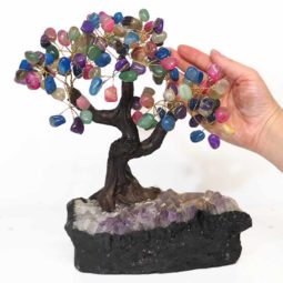 Mixed Gemstone Bonsai Tree on Amethyst Cluster 25cm | Himalayan Salt Factory
