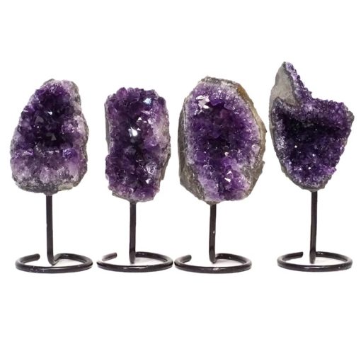 Small Amethyst Cluster on Round Metal Stand Set 4 | Himalayan Salt Factory