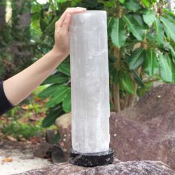 Selenite Lamp with Ancient Fossil Orthoceras Base 40cm | Himalayan Salt Factory