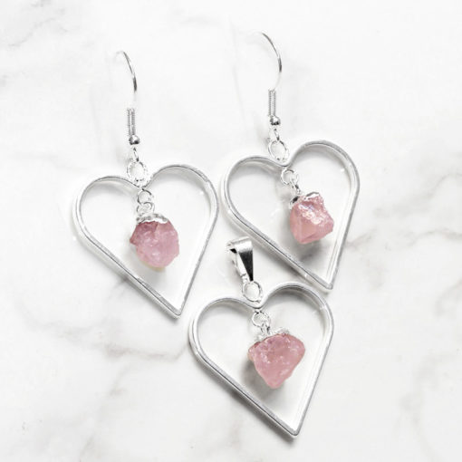 Raw Rose Quartz Gemstone Lovers Heart Pendant and Earring Set 1 - BRLHRQ | Himalayan Salt Factory
