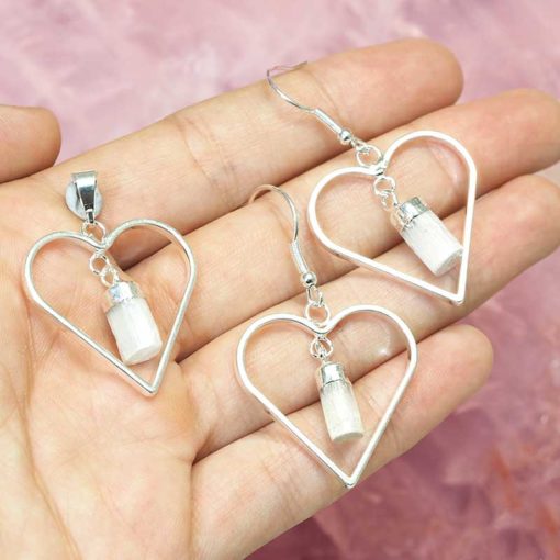 Raw Selenite Gemstone Lovers Heart Pendant and Earring Set - BRLHSL | Himalayan Salt Factory
