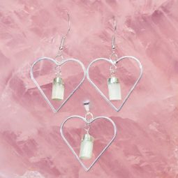 Raw Selenite Gemstone Lovers Heart Pendant and Earring Set - BRLHSL | Himalayan Salt Factory