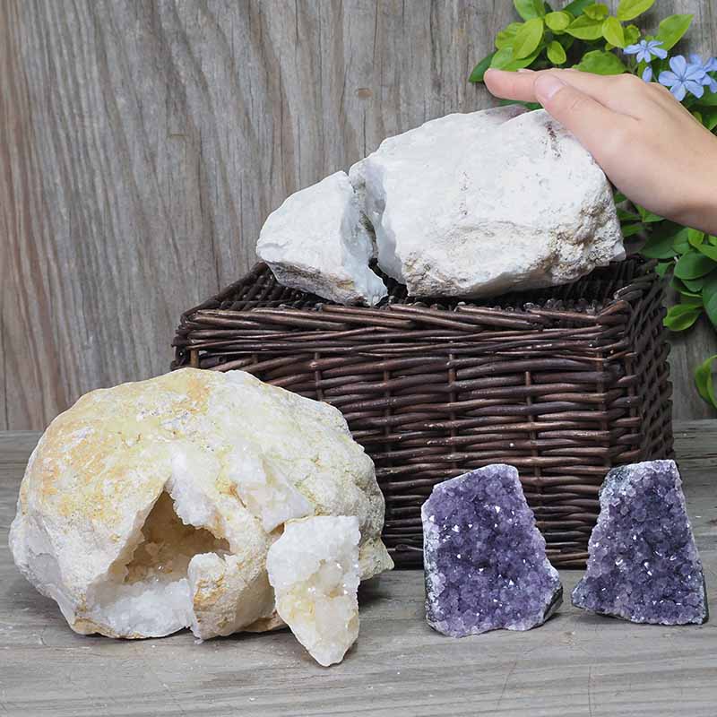 Calcite Geode Pair - 2 Small Geodes Set with Amethyst 2 Pieces DN99 4 Calcite Geode Pair - 2 Small Geodes Set with Amethyst 2 Pieces DN99 | Himalayan Salt Factory