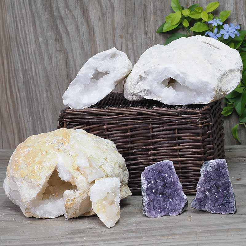 Calcite Geode Pair - 2 Small Geodes Set with Amethyst 2 Pieces DN99 3 Calcite Geode Pair - 2 Small Geodes Set with Amethyst 2 Pieces DN99 | Himalayan Salt Factory