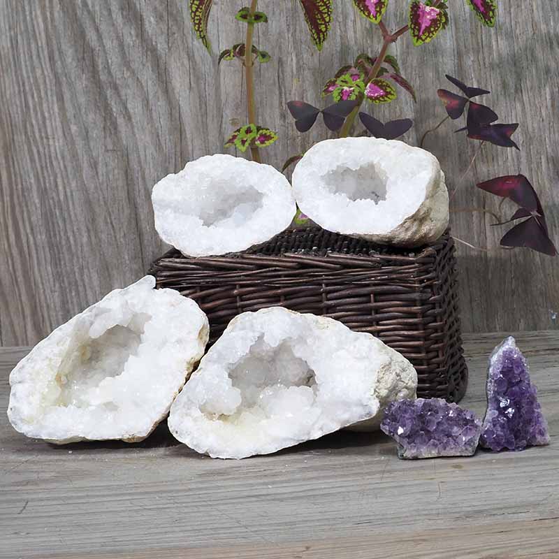 Calcite Geode Pair - 2 Small Geodes Set with Amethyst 2 Pieces DN107 3 Calcite Geode Pair – 2 Small Geodes Set with Amethyst 2 Pieces DN107 | Himalayan Salt Factory