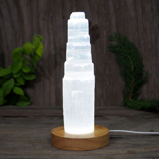 Selenite 20cm Tower with LED Light Crystal Large Display Base Pack | Himalayan Salt Factory