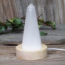 Selenite Obelisk with LED Light Crystal Small Display Base Pack | Himalayan Salt Factory