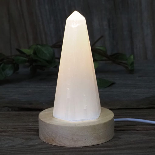 Selenite Obelisk with LED Light Crystal Small Display Base Pack | Himalayan Salt Factory
