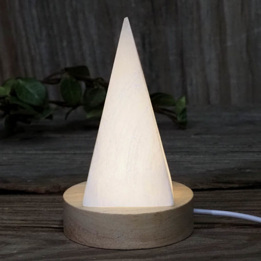 Selenite Pyramid with LED Light Crystal Small Display Base Pack | Himalayan Salt Factory
