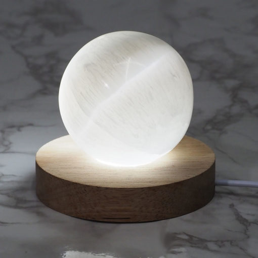 LED Light Crystal Display Base with Selenite Sphere | Himalayan Salt Factory