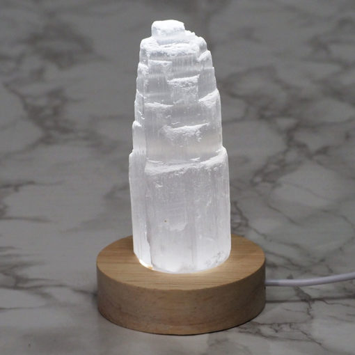 LED Light Crystal Display Base with Selenite 10cm Tower | Himalayan Salt Factory