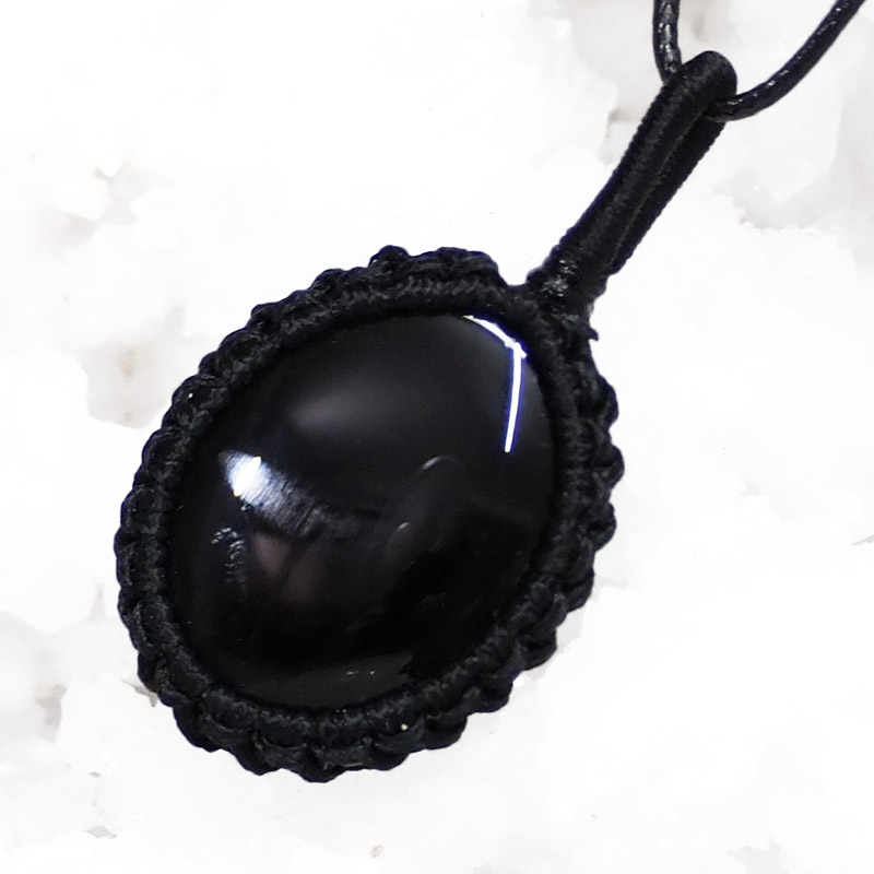 Natural Obsidian Macrame Netted Pendant P012 3 Natural Obsidian Macrame Netted Pendant | Himalayan Salt Factory