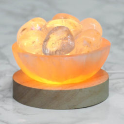 Orange Selenite Fire Bowl With Clear Quartz Tumbled Stone on Large LED Base 17 Orange Selenite Fire Bowl With Clear Quartz Tumbled Stone on Large LED Base | Himalayan Salt Factory