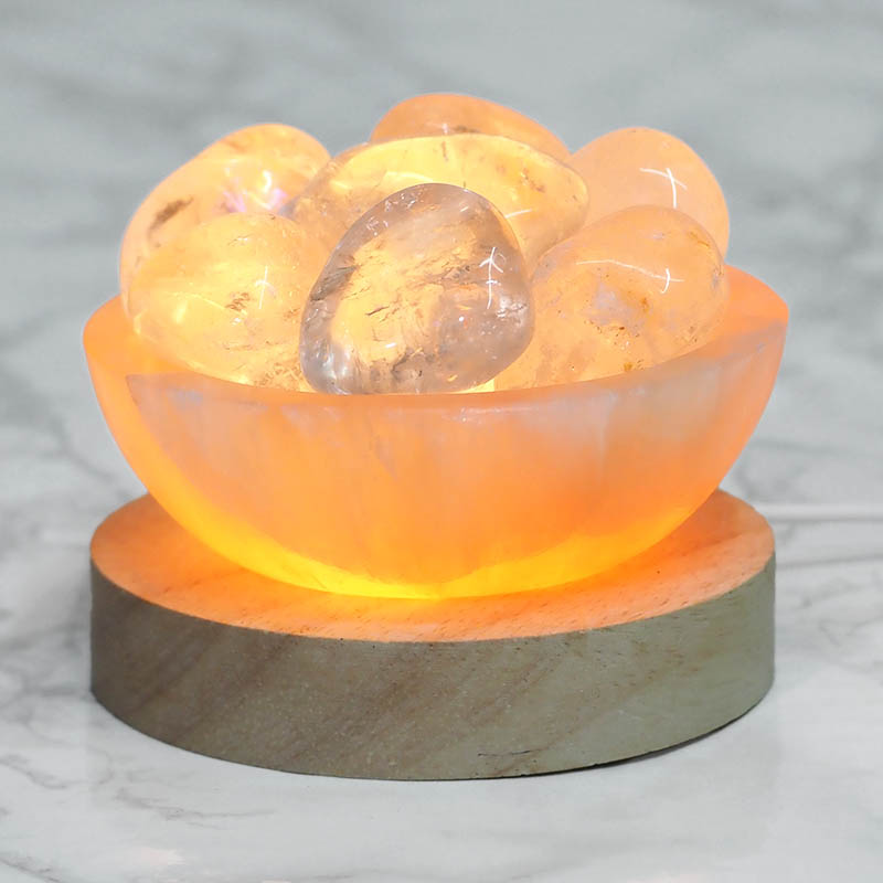 Orange Selenite Fire Bowl With Clear Quartz Tumbled Stone on Large LED Base 6 Orange Selenite Fire Bowl With Clear Quartz Tumbled Stone on Large LED Base | Himalayan Salt Factory