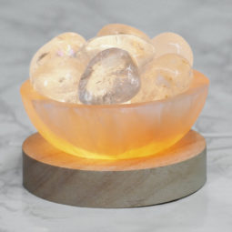 Orange Selenite Fire Bowl With Clear Quartz Tumbled Stone on Large LED Base | Himalayan Salt Factory