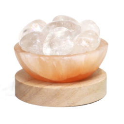 Orange Selenite Fire Bowl With Clear Quartz Tumbled Stone on Large LED Base 15 Orange Selenite Fire Bowl With Clear Quartz Tumbled Stone on Large LED Base | Himalayan Salt Factory