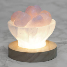 Selenite Fire Bowl With Rose Quartz Tumbled Stone on Large LED Base | Himalayan Salt Factory