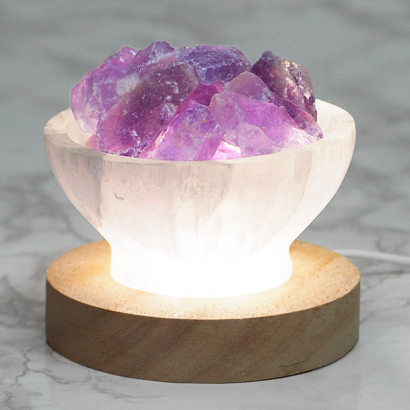 Selenite Fire Bowl With Amethyst Rough on Large LED Base 5 Selenite Fire Bowl With Amethyst Rough on Large LED Base | Himalayan Salt Factory
