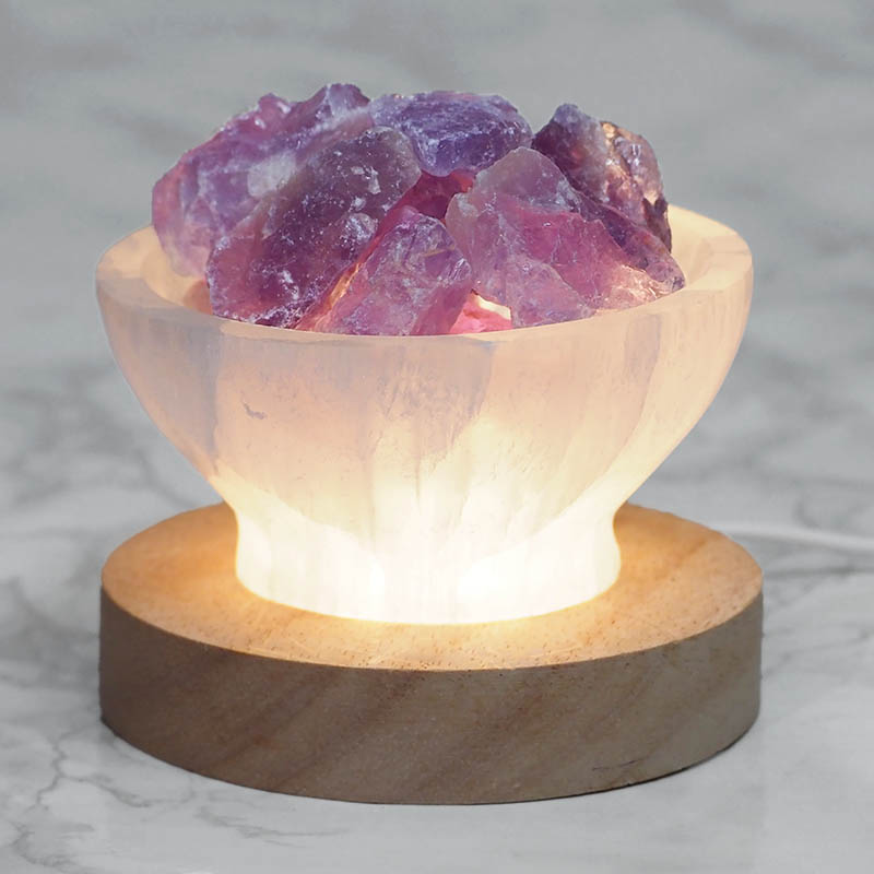 Selenite Fire Bowl With Amethyst Rough on Large LED Base 6 Selenite Fire Bowl With Amethyst Rough on Large LED Base | Himalayan Salt Factory