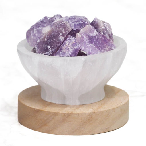 Selenite Fire Bowl With Amethyst Rough on Large LED Base | Himalayan Salt Factory