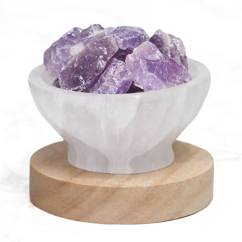 Selenite Fire Bowl With Amethyst Rough on Large LED Base 4 Selenite Fire Bowl With Amethyst Rough on Large LED Base | Himalayan Salt Factory