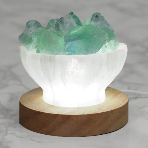 Selenite Fire Bowl With Rainbow Fluorite Rough on Large LED Base | Himalayan Salt Factory