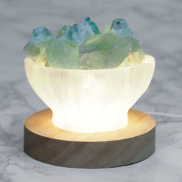Selenite Fire Bowl With Rainbow Fluorite Rough on Large LED Base 19