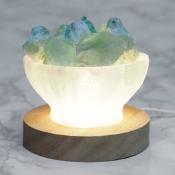 Selenite Fire Bowl With Rainbow Fluorite Rough on Large LED Base 19 Selenite Fire Bowl With Rainbow Fluorite Rough on Large LED Base 18