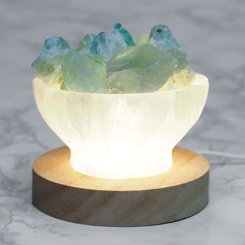 Selenite Fire Bowl With Rainbow Fluorite Rough on Large LED Base 6 Selenite Fire Bowl With Rainbow Fluorite Rough on Large LED Base - Image 4