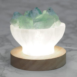 Selenite Fire Bowl With Rainbow Fluorite Rough on Large LED Base 17 Selenite Fire Bowl With Rainbow Fluorite Rough on Large LED Base | Himalayan Salt Factory