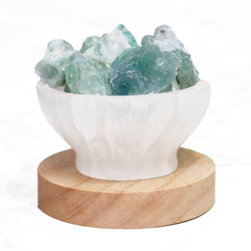 Selenite Fire Bowl With Rainbow Fluorite Rough on Large LED Base | Himalayan Salt Factory