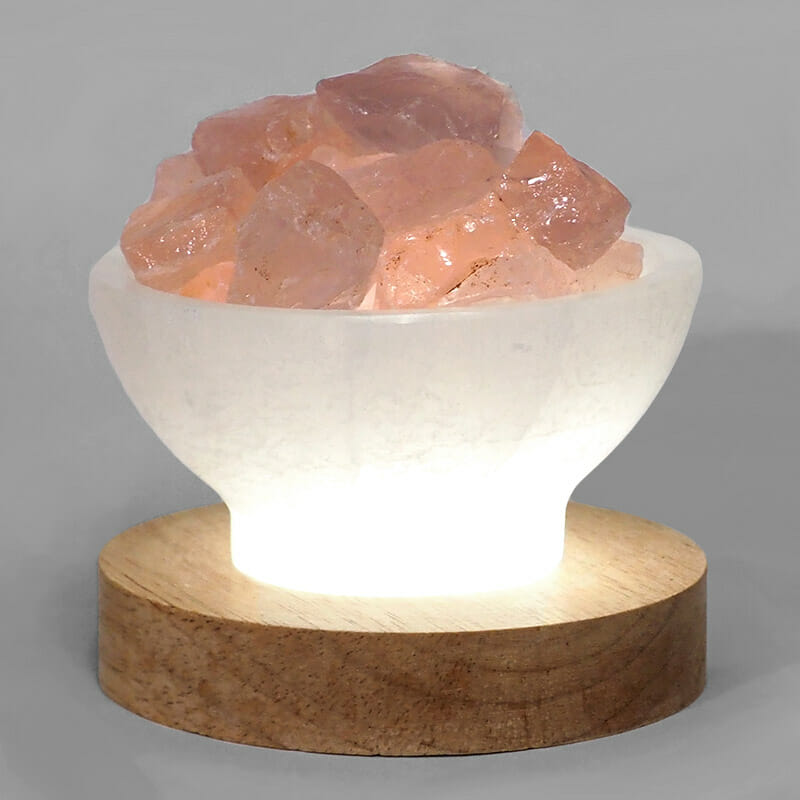 Selenite Fire Bowl With Rose Quartz Rough on Large LED Base 3 Selenite Fire Bowl With Rose Quartz Rough on Large LED Base | Himalayan Salt Factory