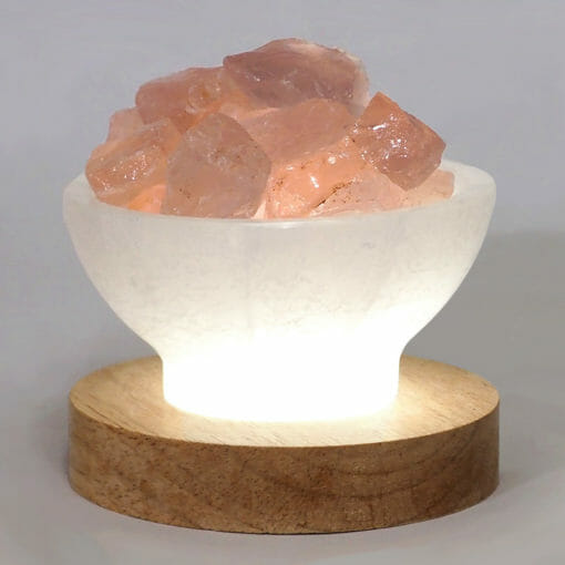 Selenite Fire Bowl With Rose Quartz Rough on Large LED Base | Himalayan Salt Factory