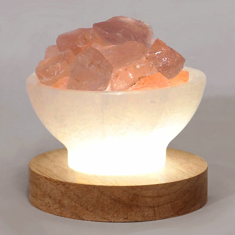 Selenite Fire Bowl With Rose Quartz Rough on Large LED Base 5 Selenite Fire Bowl With Rose Quartz Rough on Large LED Base | Himalayan Salt Factory